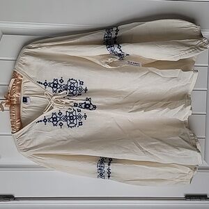 Old Navy Cream with Navy Blue Embroidered Peasant/Boho Blouse